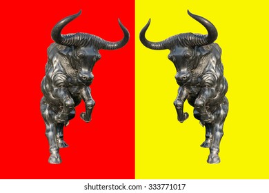 Bull Statue On Red And Yellow  Background