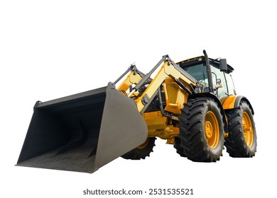 Bulldozer isolate. Construction tractor bulldozer on empty background. Construction machinery and transport