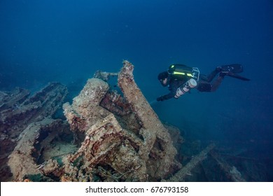 Bulldozer Underwater With Ccr Diver Million Dollar Point Santo Vanuatu