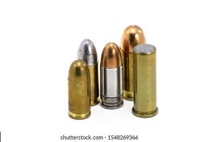 bullet 9mm parabellum FMJ (Full Metal Jacket ) encompass with bullet 9mm kurz or .380 acp FMJ, .45 ACP or .45 Auto FMJ, .38 Special wadcutter bullet isolate on white background
