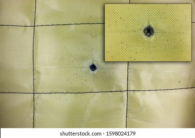 Bullet Damage In The Kevlar Fabric Of The Bulletproof Vest, After Being Fired From A Kalashnikov (AKM-74) From A Distance Of 1 Meter (1.09 Yards)