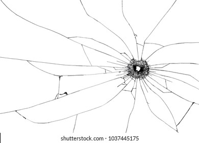 Bullet Hole Broken Glass On White Isolated Background.