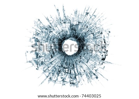 bullet hole in glass - authentic gunshot - closeup isolated on white