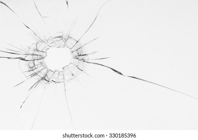Bullet Hole in glass isolated on white background.