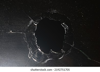 Bullet Hole On Glass Black Background For Overlay, Transparent Window