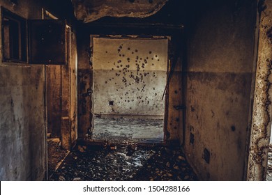 Bullet holes, dark corridor, ruins.