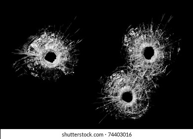 Bullet Holes In Glass Isolated On Black - Bullet Holes From .40 Handgun Closeup