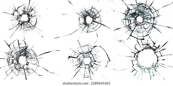 bullet holes and numerous cracks on a plain white glass background, evoking a sense of danger and destruction. The bullet holes are the central focus of the image