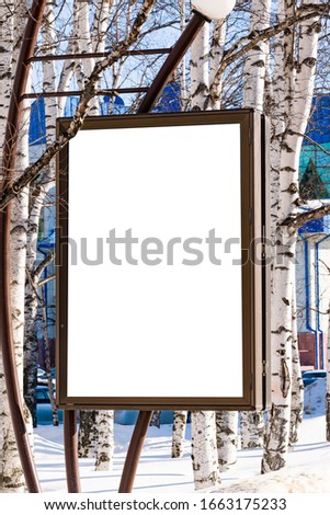 Bulletin Board, Billboard with an empty white space for text on the street in winter. Mock up
