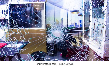 Bulletproof Glass For Home And Office Wall. Bullet Resistant Glass. House Material For Safety And Protection. Anti Thief, Resistant To Penetration Curtain Wall.  Concept Image For Crime Investigation.