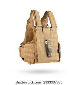 Bulletproof vest with military pouch in pixel camouflage with tourniquet inside. Military gear. First aid kit for bleeding. - Powered by Shutterstock