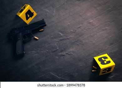 Bullets, Gun And Crime Scene Markers On Black Slate Background, Flat Lay. Space For Text