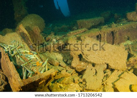 bullets lie around the floor of a sunken ship as they were once its cargo. The vessel that held this cargo was a second world war Japanese ship that was sunk in Chuuk Lagoon during conflict