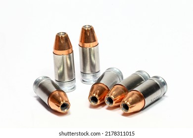 Bullets type Jacket Hollow Point (JHP) size 9 mm. on a white background. - Shutterstock ID 2178311015