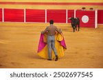 A bullfighter faces a bull in an arena, holding a yellow and pink cape. The bull stands in the background near the red and white barriers. The arena ground is covered with sand. Motril,SPAIN-August 