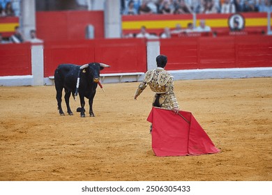 Bullfighter facing a bull in a Spanish bullfighting arena, holding a red cape. The bull has colored banderillas on its back, symbolizing the ongoing fight. For editors, for designers - Powered by Shutterstock