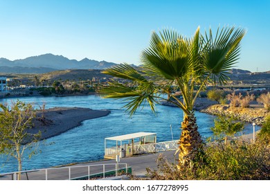 Bullhead, AZ / USA – February 19, 2020: View of the water taxi dock located on the Bullhead City, Arizona, side of the Colorado River for transport to the Riverside Hotel and Casino in Laughlin, NV