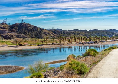 Bullhead City, AZ / USA – February 17, 2020: The Colorado River with a view of Davis Campground located north of Bullhead City, Arizona.