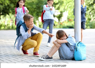 Bullied Little Girl Aggressive Schoolmates Outdoors Stock Photo (Edit ...