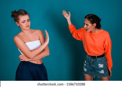 Bulling And Fighting Between Two Girls, Having Hard Talk, Polemic And Argue Between Friends, Sisters Or Roommate Concept