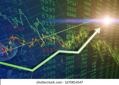 Bullish - green stock exchange market times buying hours volume chart with arrow up day trade. - Shutterstock ID 1670814547