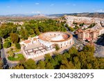 Bullring or plaza de toros building aerial panoramic view in Antequera. Antequera is a city in the province of Malaga, the community of Andalusia in Spain.