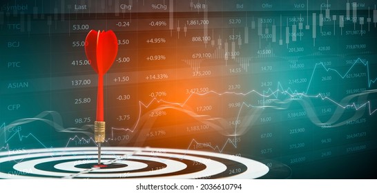 Bullseye Dart Arrow And Line Of Stock Market Or Forex Trading Graph And Candlestick Chart Suitable For Financial Investment Concept,Economy Trends Background For Business Idea And All Art Work Design.