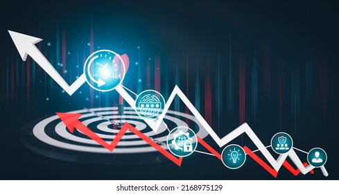 Bullseye Dart Arrow And Line Of Stock Market Or Forex Trading Graph And Candlestick Chart Suitable For Financial Investment Concept,Economy Trends Background For Business Idea And All Art Work Design.