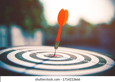 Bullseye or bull's-eye or dart board has dart arrow hitting the center of a shooting target for business targeting and winning concepts. - Shutterstock ID 1714213666