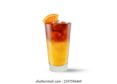 Bumble Coffee With Orange Juice And Espresso, Americano Coffee In Glass Isolated On White Background. Trendy Summer Coffee Drink With Ice. Iced Drink.