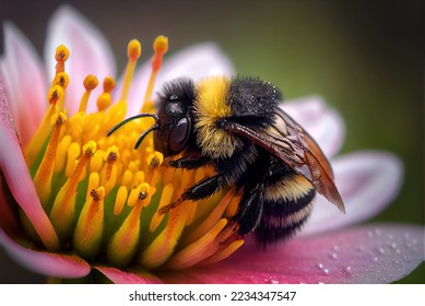 Bumblebee on a flower macro. Bumblebee collects flower nectar
