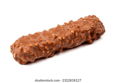 Bumpy chocolate bar on a white background. Chocolate with nuts close-up.