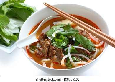 bun bo hue, a bowl of beef & rice vermicelli soup, vietnamese noodle cuisine