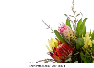 Bunch Of Australian Native Flowers With Banksia And Proteas Against White Background With Copy Space