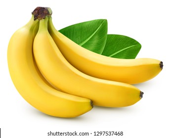 Банкет бананов, выделенных на белом фоне. Бананы с листьями Клиппинг Путь. Профессиональная фотография продуктов питания