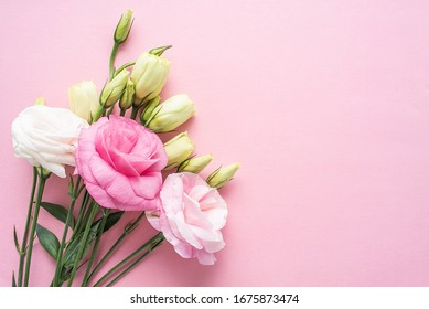 Bunch of beautiful eustoma flowers on pink background	