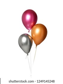 Bunch Of Big Purple Silver And Gold Latex Balloons Objects For Birthday Party Isolated On A White Background