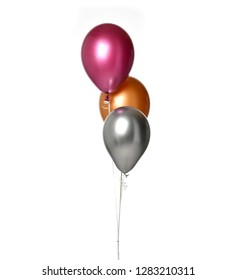 Bunch Of Big Purple Silver And Gold Latex Balloons Objects For Birthday Party Isolated On A White Background