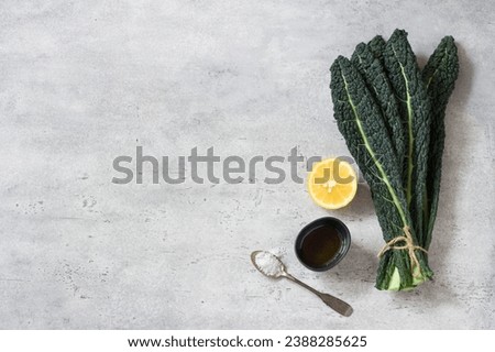 Bunch of black tuscan kale (cavolo nero or lachinato kale), olive oil, lemon and salt on a gray textured background, top view, copy space.