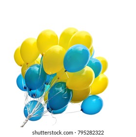 Bunch  Of Blue And Yellow  Balloons In The City Festival Isolated On White Background 