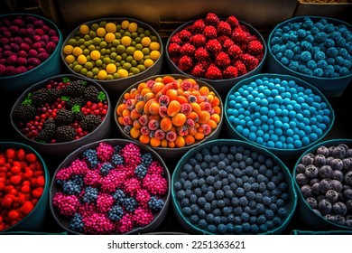 a bunch of buckets filled with different colored berries and berries in them, all of which are different colors and sizes, all of which are different sizes and shapes, all of the same. .