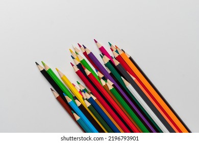 Bunch Of Colored Pencils Flat Lay View From Above