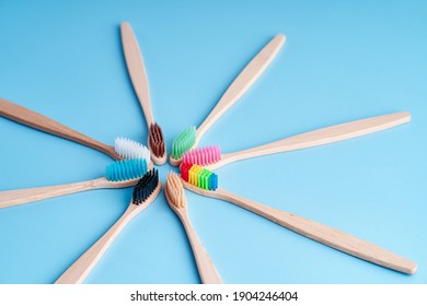 Bunch of eco friendly bamboo toothbrushes. Choosing toothbrush. Oral hygiene. Worldwide eco trends. - Shutterstock ID 1904246404