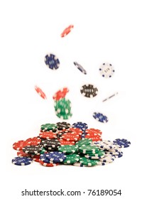 Bunch Of  Falling Casino Chips Isolated On White