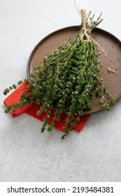 Bunch Of Fragrant Garden Lemon Thyme On Plate For Tea Healthy Herbs