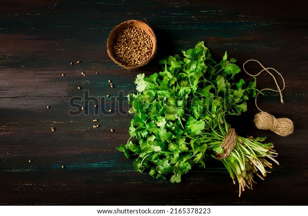 bunch of\
fresh Cilantro, coriander seeds, on a dark wooden table, close-up,\
top view, no people. food and\
drink,