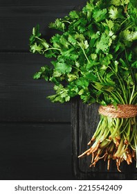 Bunch Of Fresh Cilantro, On A Gray Wooden Table, Close-up, Top View, No People.