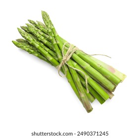 Bunch of fresh green asparagus stems isolated on white, top view