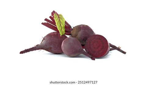 A bunch of fresh organic beets with green leaves, isolated on a white background. Ideal for concepts of healthy eating, nutrition, and farm-to-table. - Powered by Shutterstock