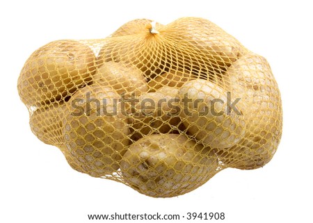 bunch fresh potatoes in netting sack on white background